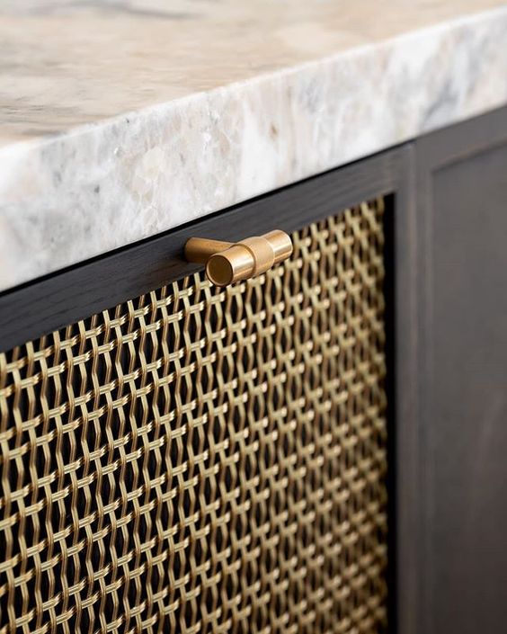 Brass mesh details on cabinets in a Georgian Kitchen
